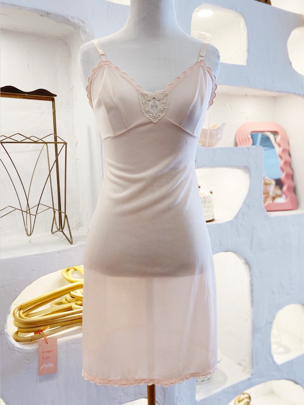 70s Vintage Crepelon Nylon Peachy Pink Slip Dress with Lace Accents